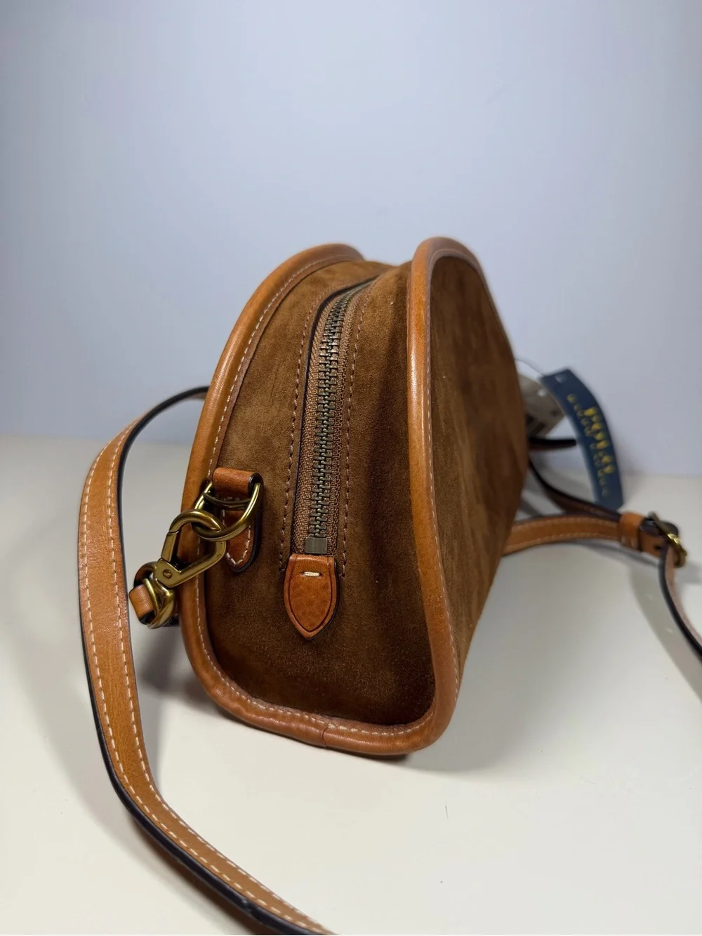 Polo by Ralph Lauren Brown Suede Half-Moon Crossbody with Tan Trim